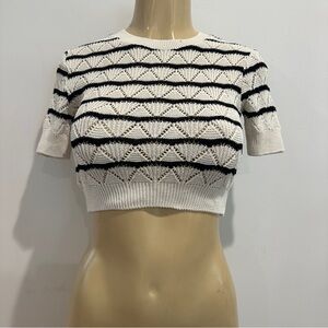 New Zara Crop Crochet Sweater Top Sz S Striped Shirt Knit Short Sleeve